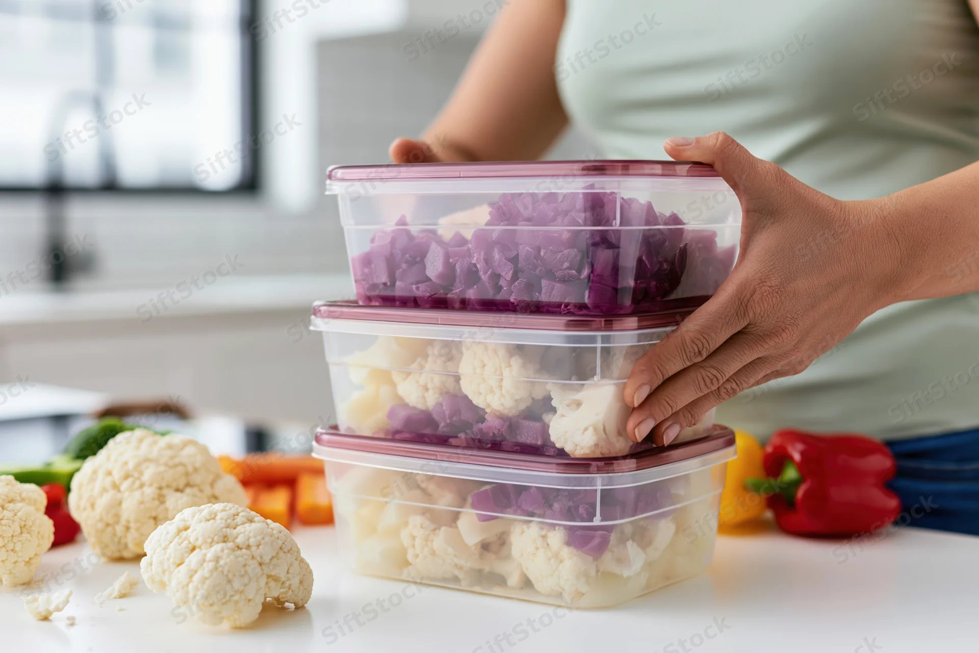 Woman stacking clear plastic containers filled with chopped vegetables on kitchen countertop