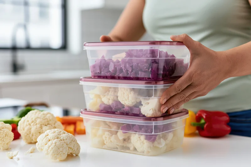 Woman stacking clear plastic containers filled with chopped vegetables on kitchen countertop