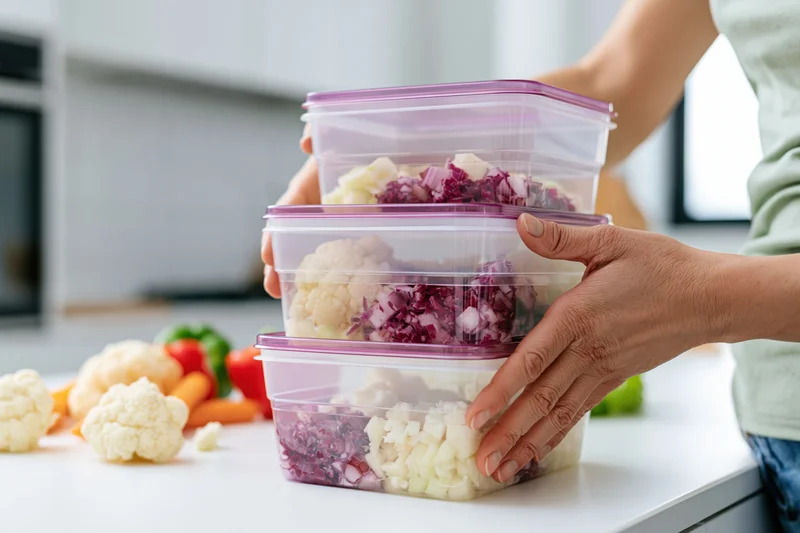 Woman stacking clear plastic food storage containers filled with chopped vegetables on a kitchen countertop