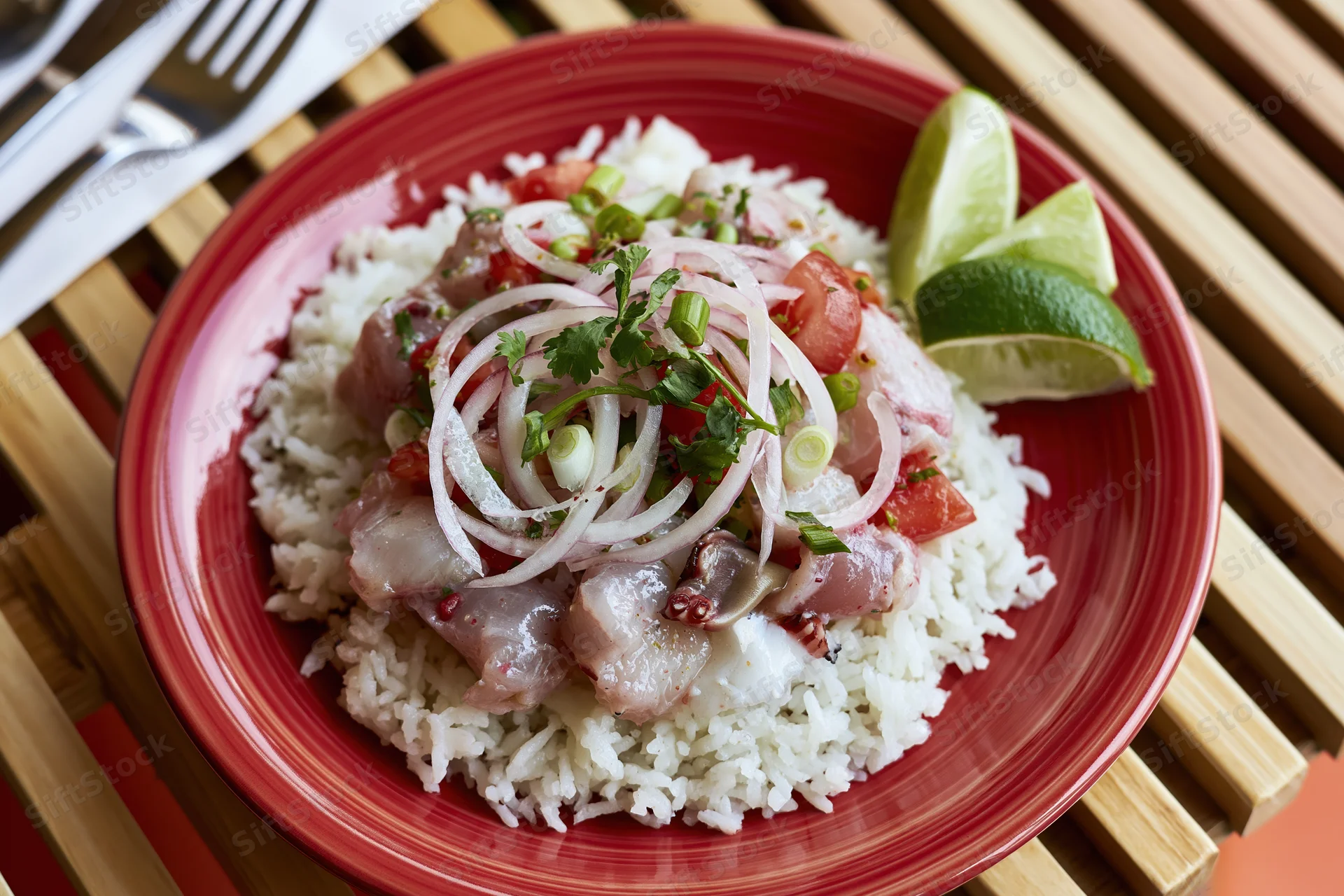 Peruvian ceviche with rice and lime garnish on a red ceramic plate