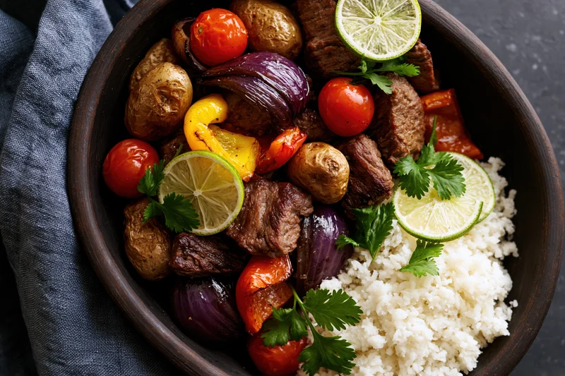 Peruvian lomo saltado stir-fry with seared beef chunks, roasted vegetables, and white rice in a dark wooden bowl, garnished with lime slices and cilantro, viewed from above on a gray surface with a textile napkin beside it