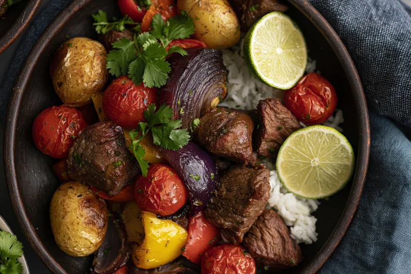 Peruvian lomo saltado stir-fry with seared beef chunks, roasted vegetables and rice in a dark bowl, garnished with lime and cilantro
