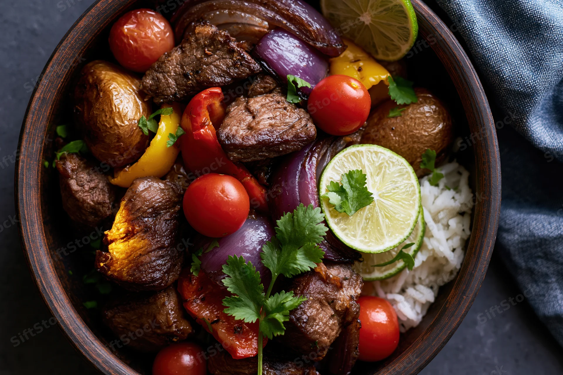 Peruvian lomo saltado stir-fry with seared beef chunks, vegetables and rice in a wooden bowl
