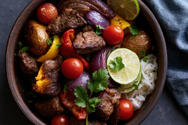Peruvian lomo saltado stir-fry with seared beef chunks, vegetables and rice in a wooden bowl