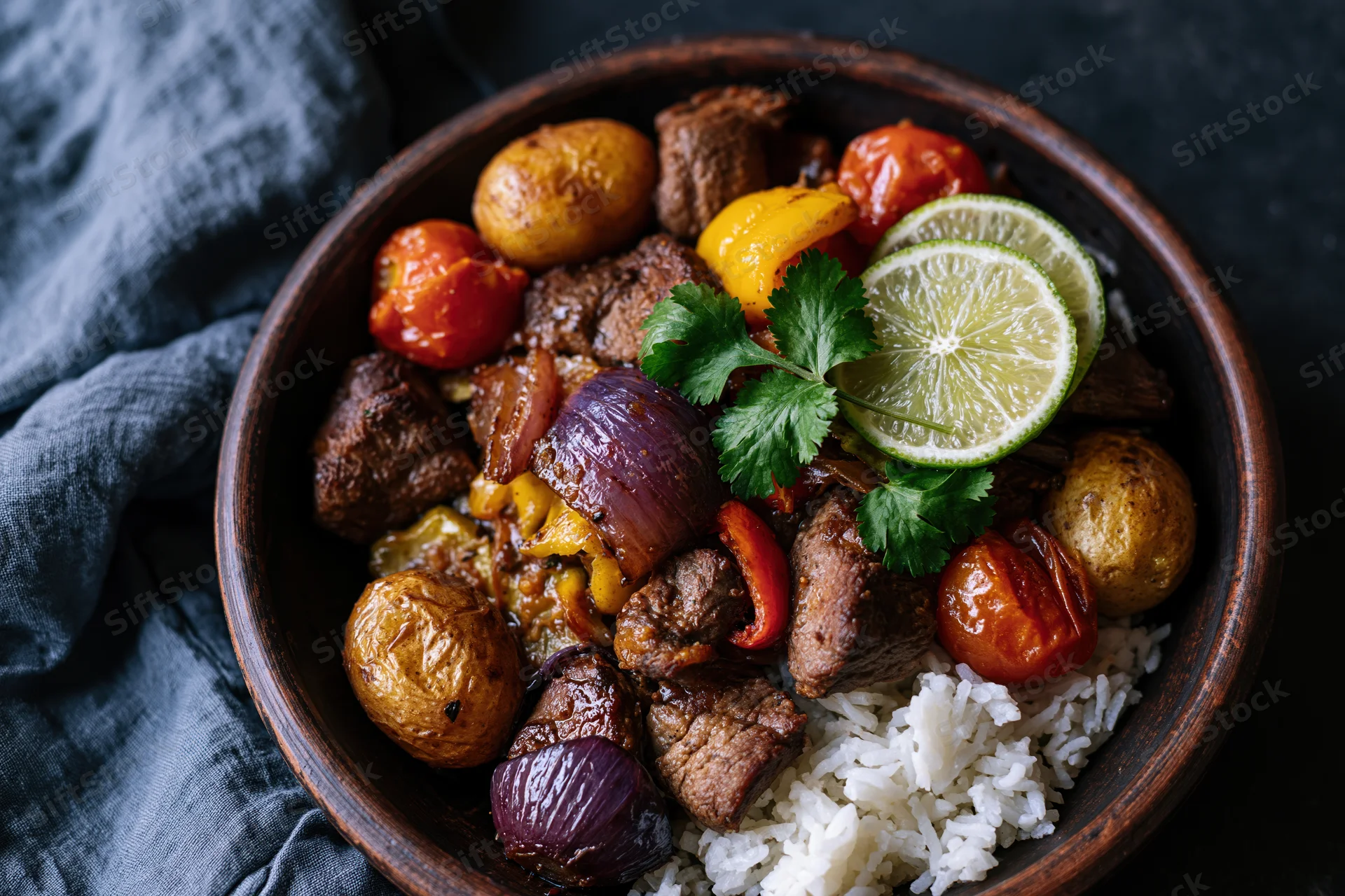 Peruvian lomo saltado stir-fry with seared beef chunks, roasted potatoes, tomatoes, onions, bell peppers, lime slices and cilantro over rice in a wooden bowl