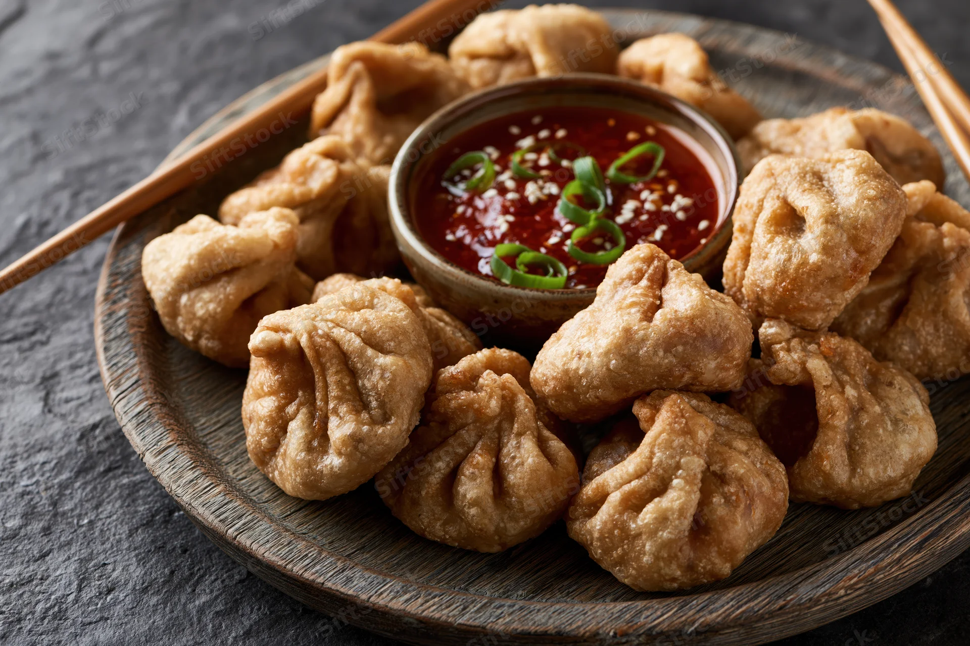 Pile of deep-fried momos on a dark wooden plate with chili dipping sauce and chopsticks