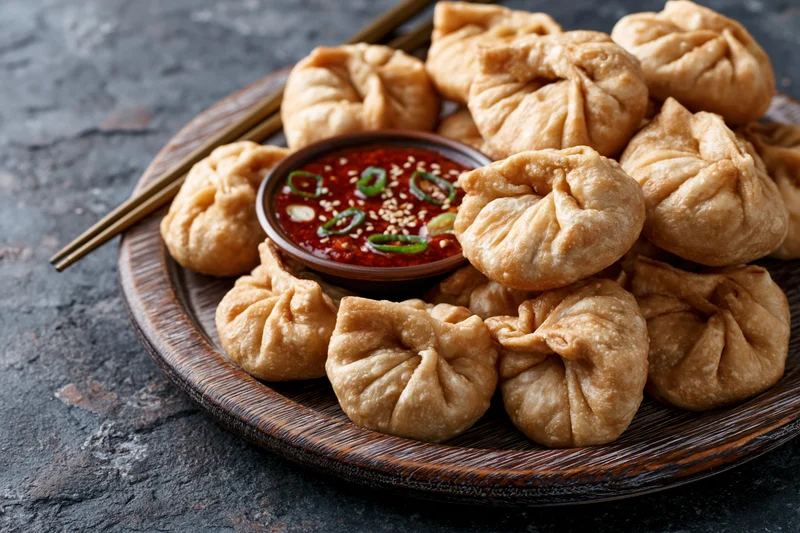 Pile of deep-fried momos on a dark wooden plate with chili dipping sauce and chopsticks