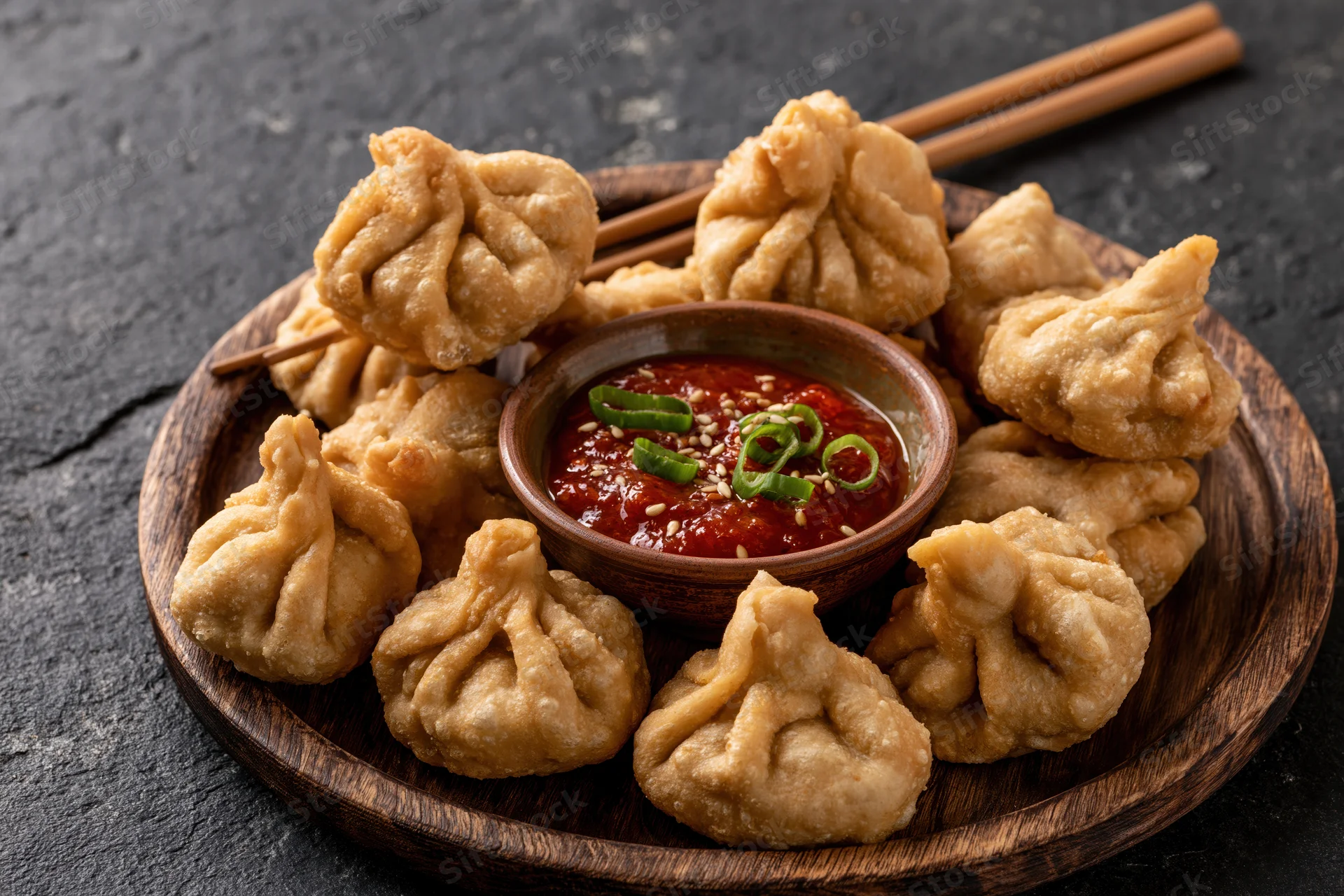 Deep-fried momos arranged on a dark wooden plate with chili sauce and chopsticks