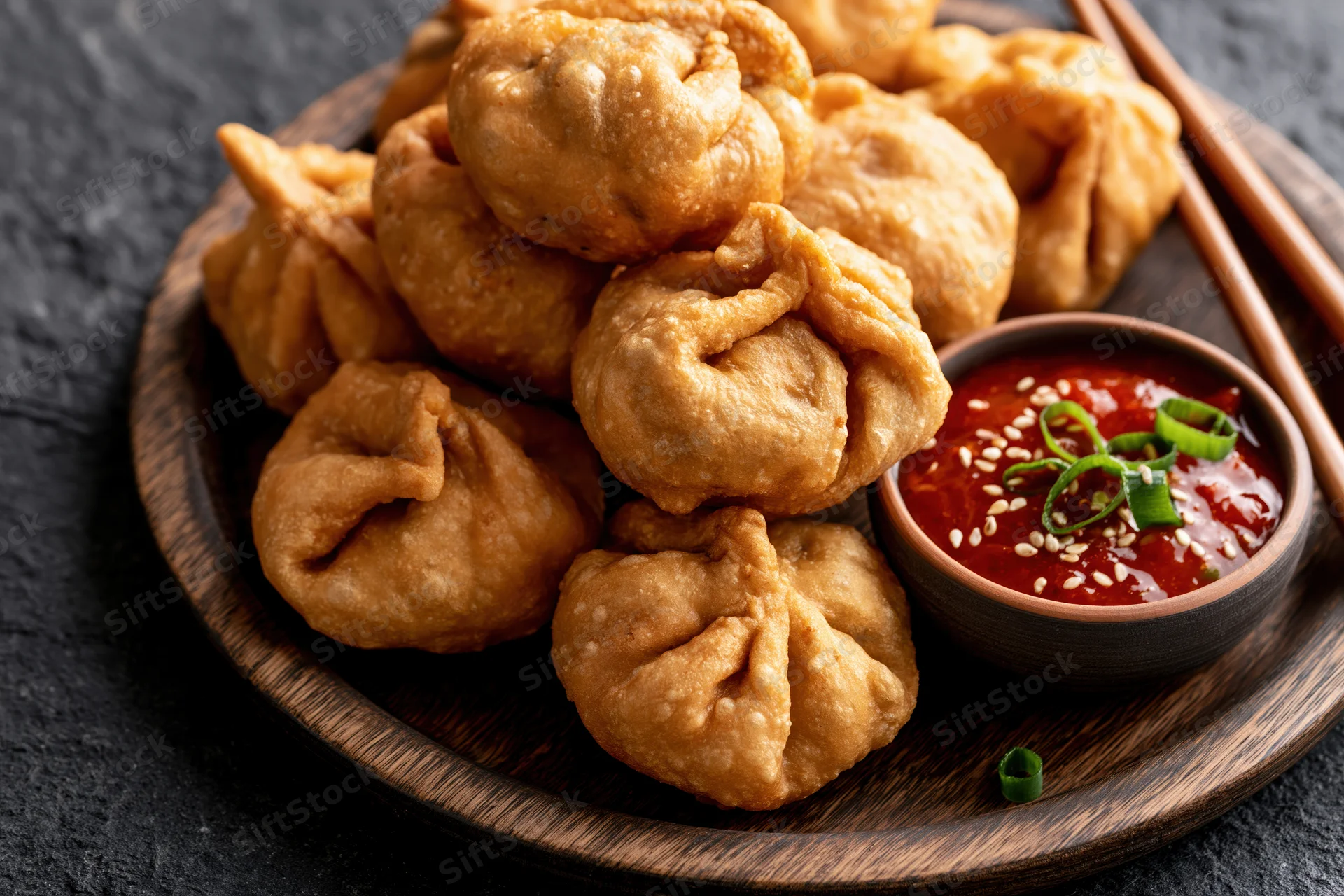 Pile of golden fried momos on dark wooden plate with red chili sauce and chopsticks