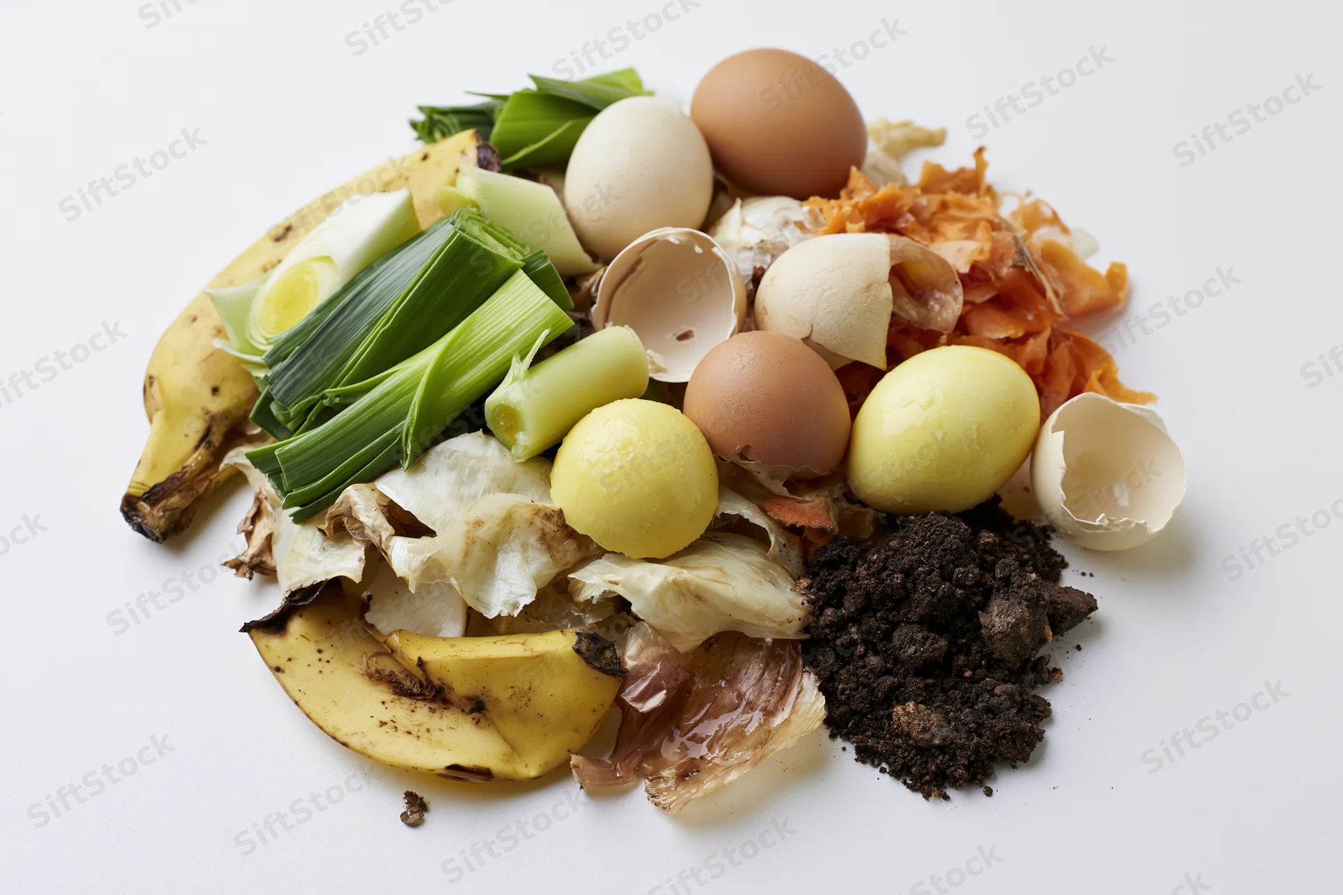Pile of kitchen compost scraps including banana peels, eggshells, and vegetable trimmings on white surface