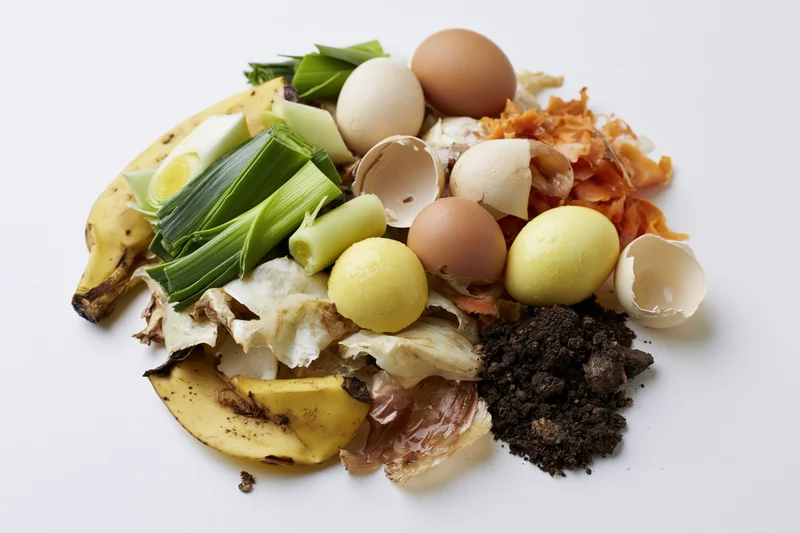 Pile of kitchen compost scraps including banana peels, eggshells, and vegetable trimmings on white surface