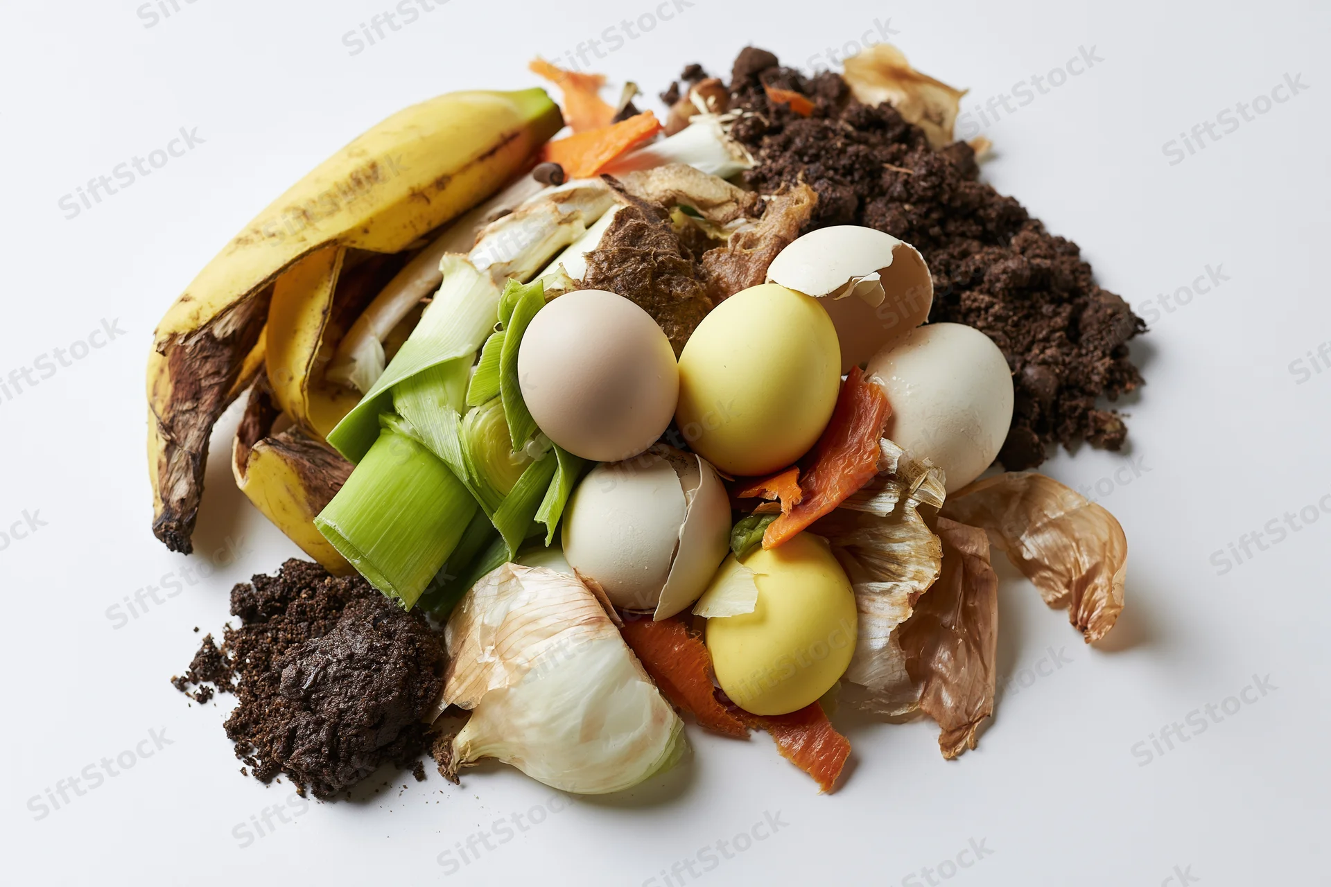 Pile of kitchen compost scraps including banana peels, eggshells, onion skins and vegetable trimmings on white surface