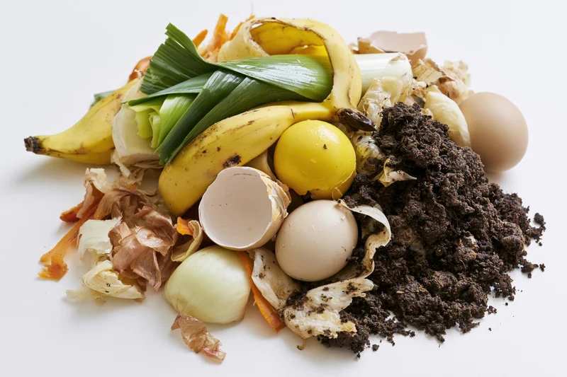 Pile of kitchen compost scraps including banana peels, eggshells, onion skins and soil on white surface