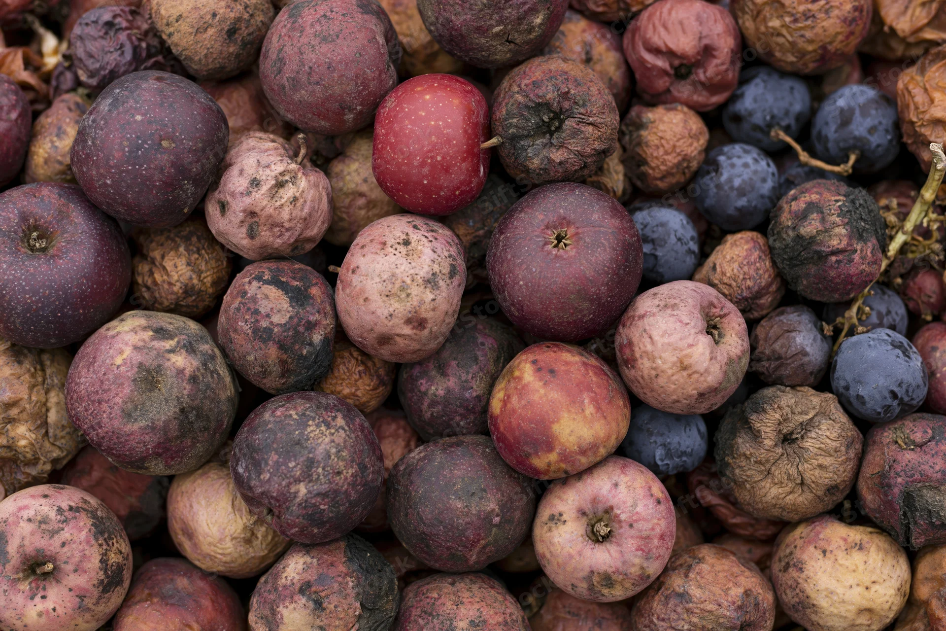 Closeup of rotting apples and grapes piled together showing decay and spoilage