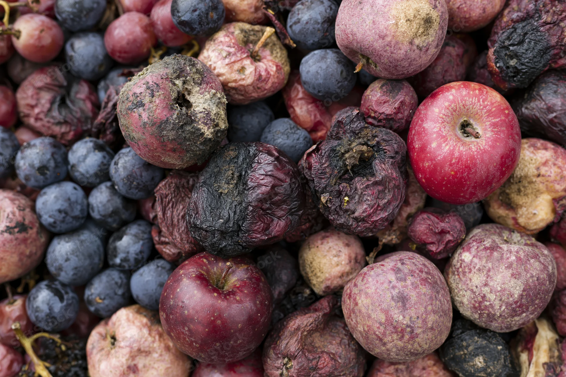 Rotting apples and grapes piled together in close-up view