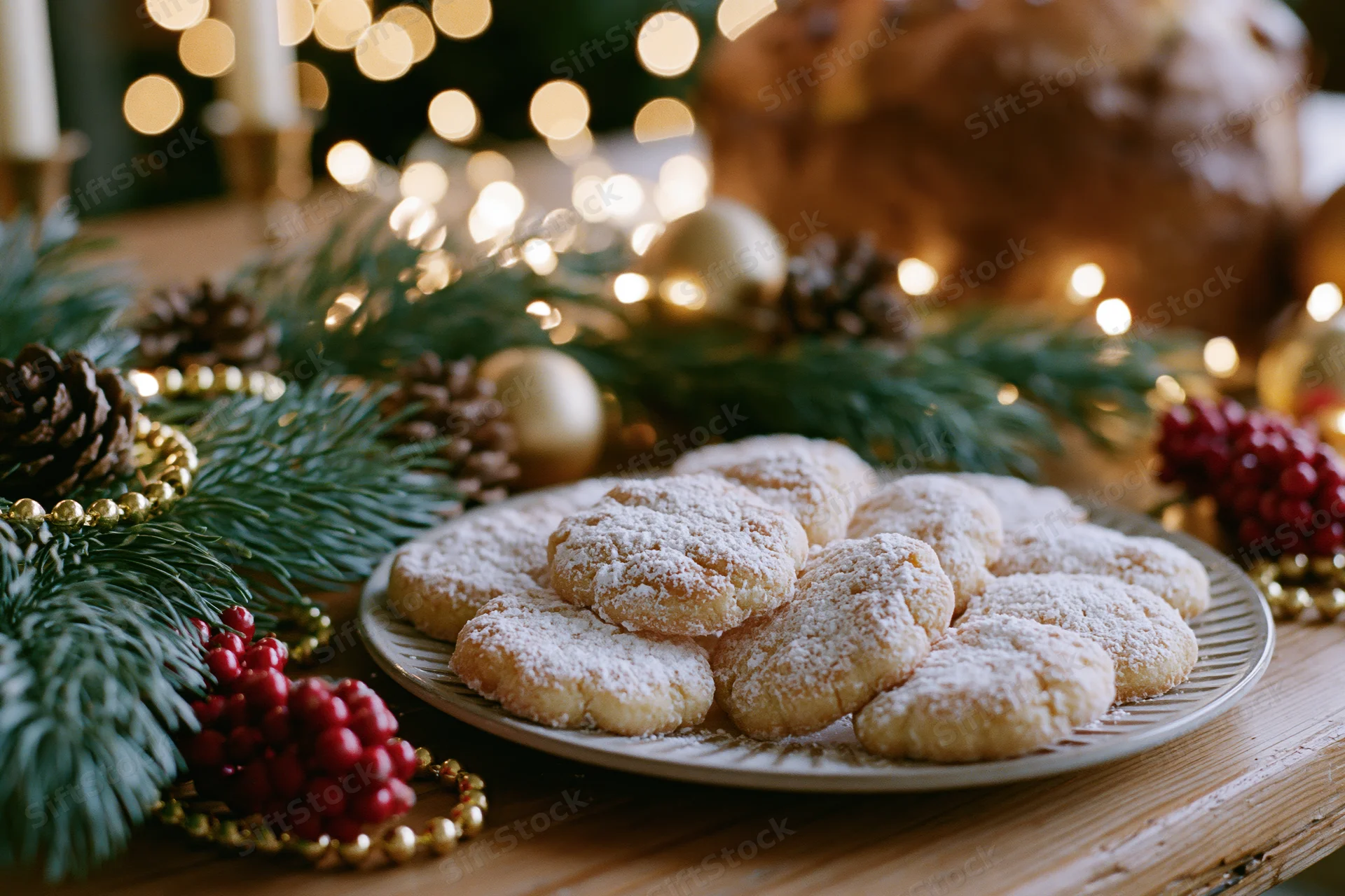 Plate of powdered sugar shortbread cookies on a wooden table surrounded by christmas decorations