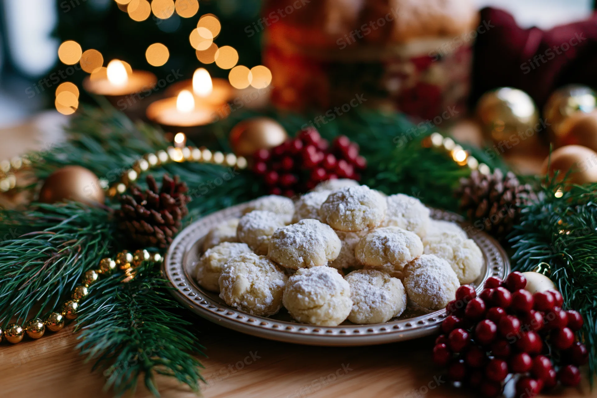 Plate of powdered sugar shortbread cookies on a wooden table surrounded by christmas decorations and candles