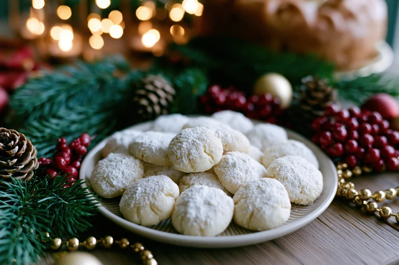 Plate of powdered sugar shortbread cookies on a wooden table surrounded by christmas decorations