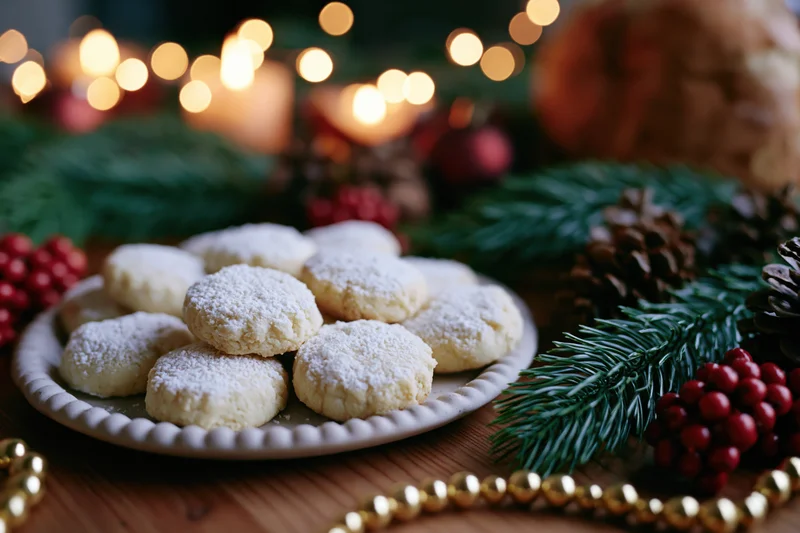 Plate of powdered sugar shortbread cookies on a wooden table surrounded by christmas decorations and warm lights