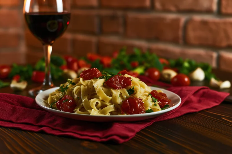 Plate of tagliatelle pasta with cherry tomatoes and herbs on a wooden table beside a glass of red wine