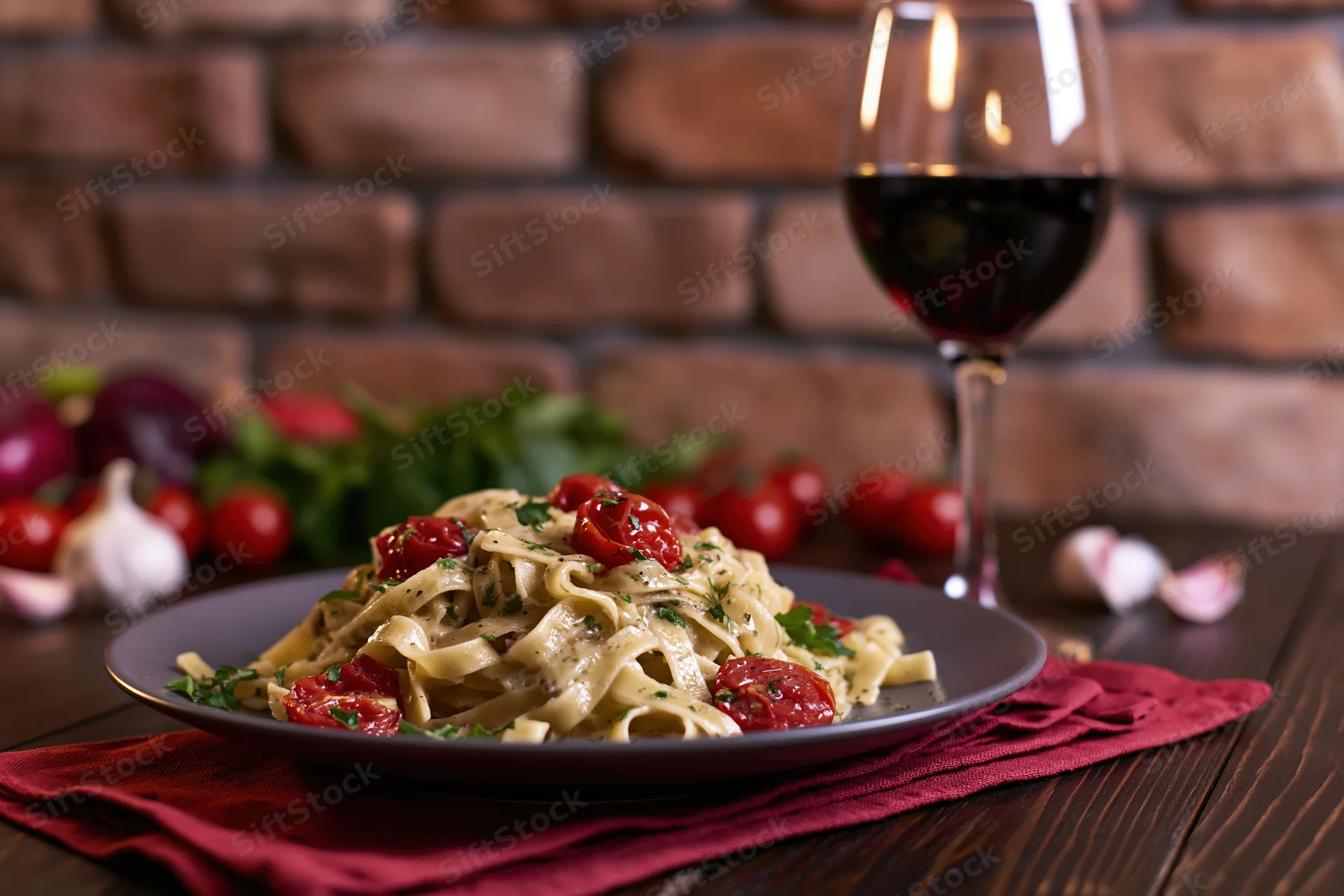 Plate of tagliatelle pasta with cherry tomatoes and herbs on a wooden table beside a glass of red wine
