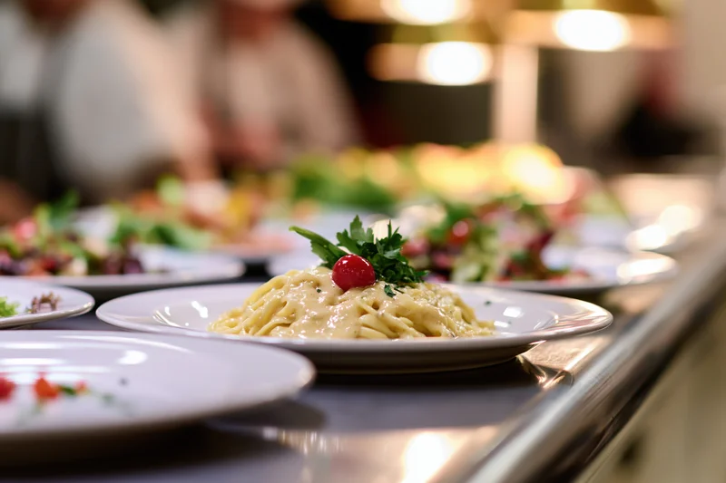 Plated pasta with creamy sauce and cherry garnish on a buffet table