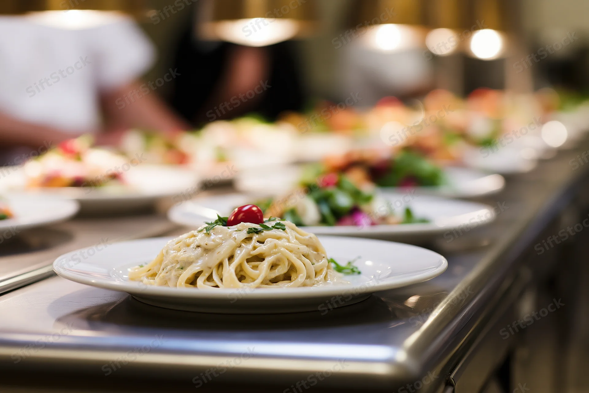 Plated pasta with creamy sauce and cherry garnish on a stainless steel counter in a restaurant kitchen