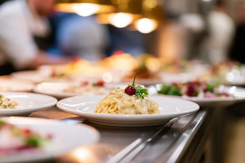 Creamy pasta dish with cherry garnish served on white plates in a restaurant buffet line