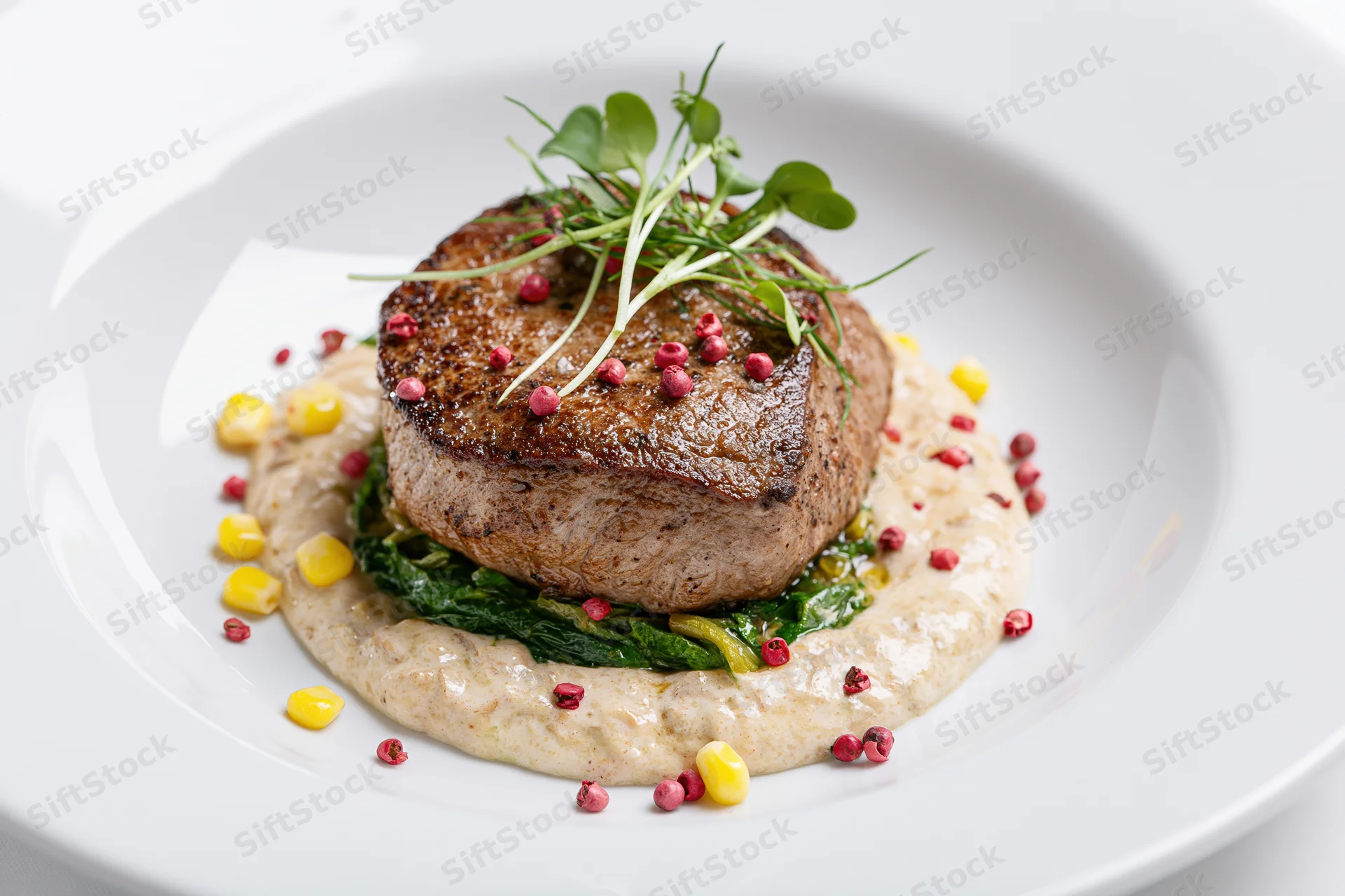 Seared beef steak on creamy puree with greens and garnish on white ceramic plate