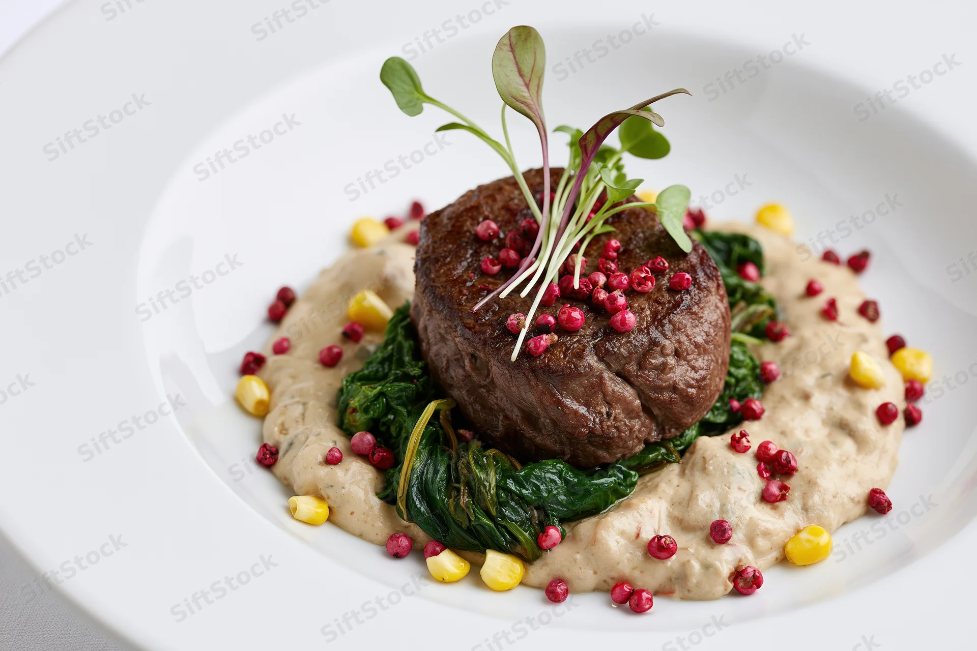 Seared beef steak on a bed of spinach and sauce garnished with microgreens and peppercorns on a white ceramic plate