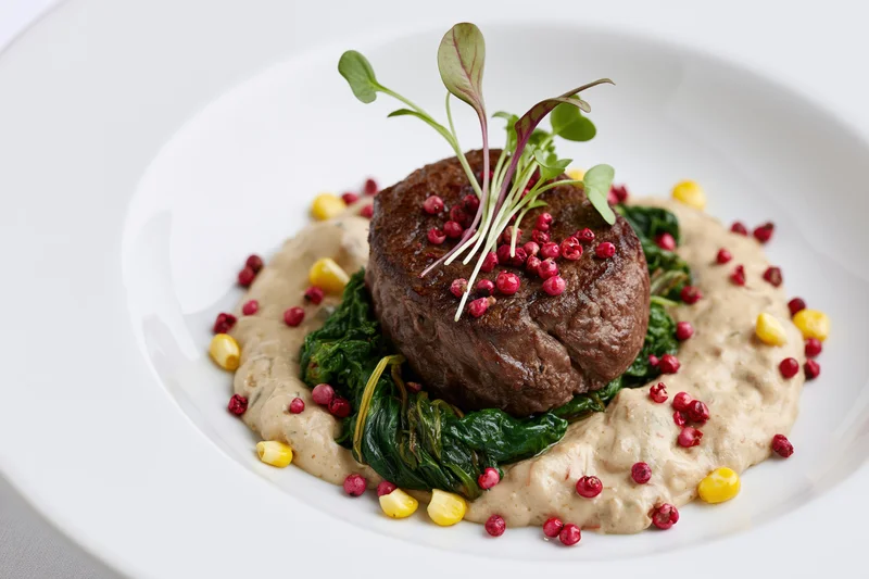 Seared beef steak on a bed of spinach and sauce garnished with microgreens and peppercorns on a white ceramic plate