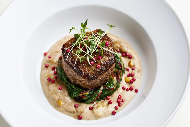 Seared beef steak on greens with sauce and garnish in white ceramic bowl