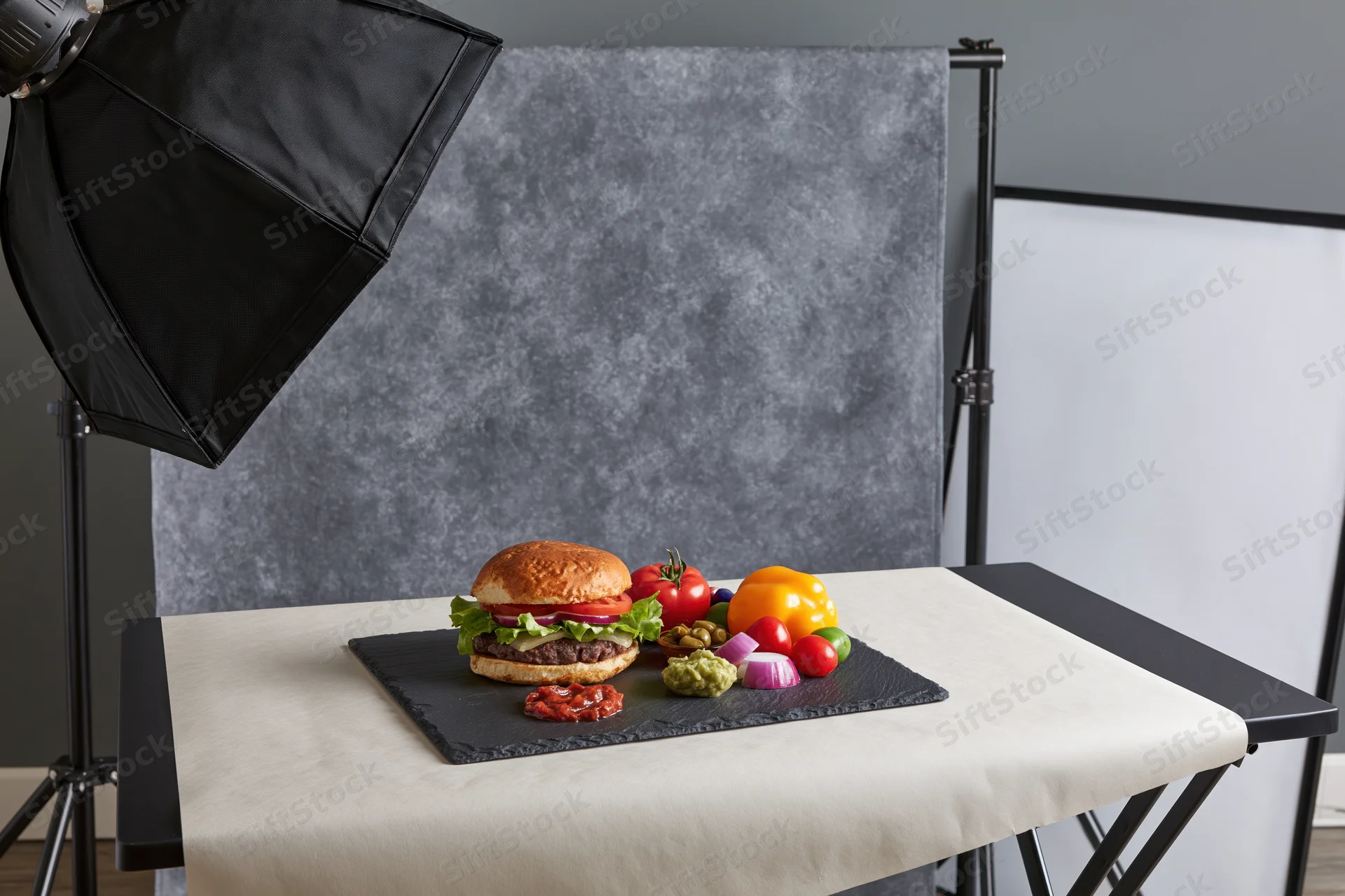 Hamburger with fresh ingredients arranged on slate board in studio photography setup