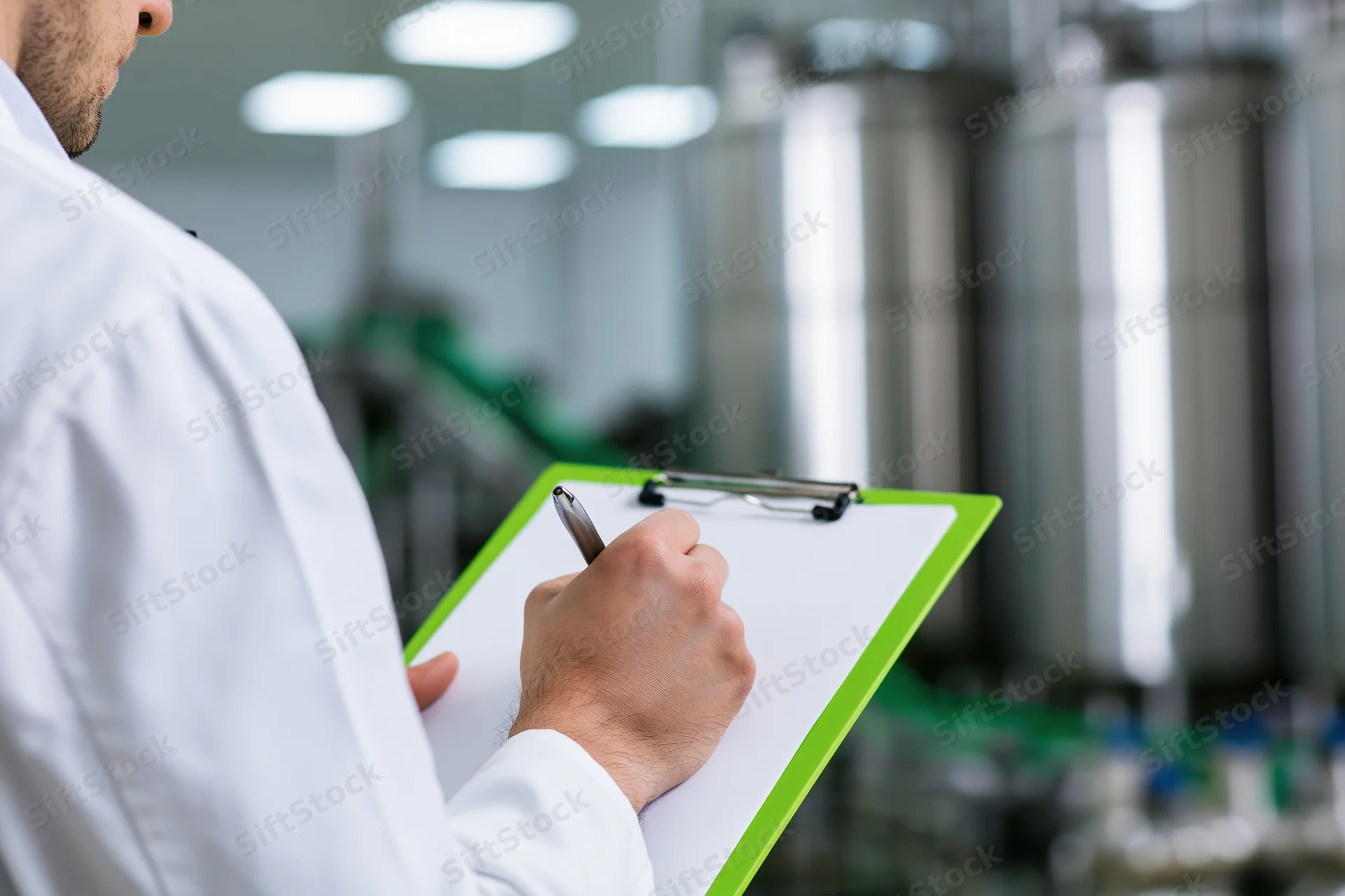 Technician in white lab coat writing on clipboard in brewery production area