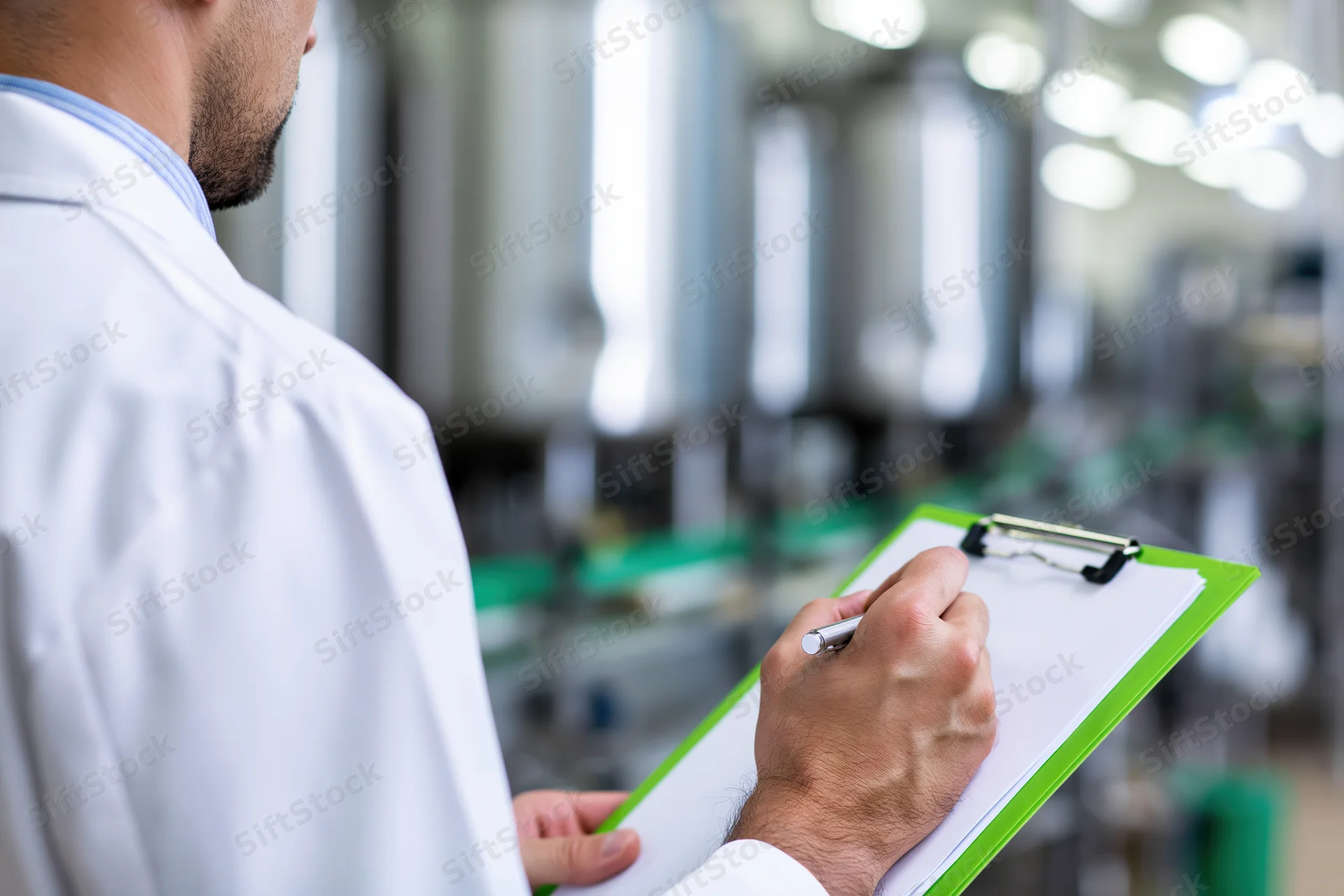 Technician in white lab coat writing on clipboard in industrial facility
