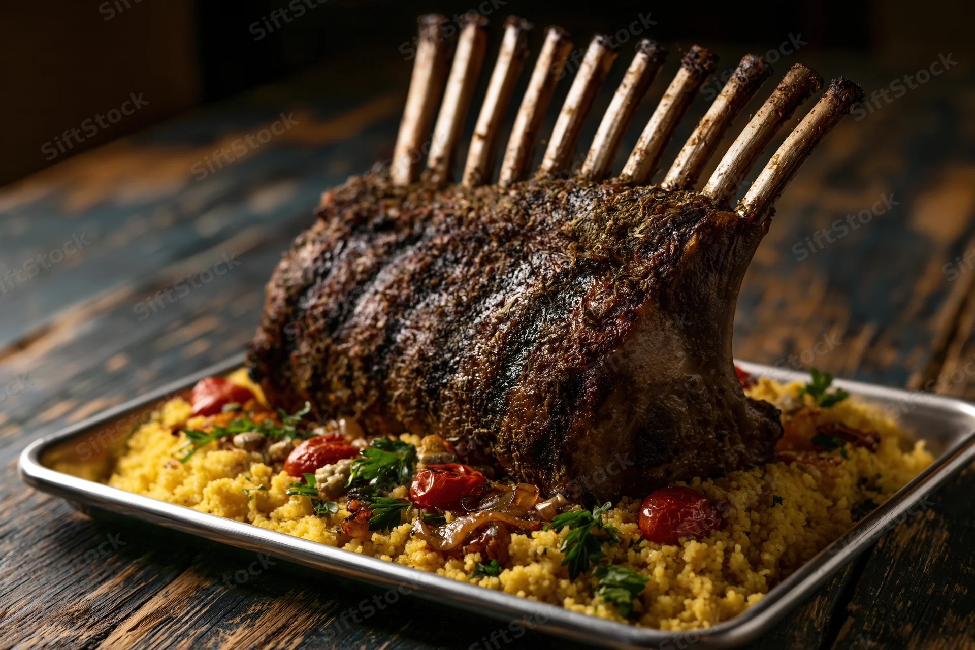 Roasted rack of lamb with frenched bones on a silver tray over couscous on a wooden table