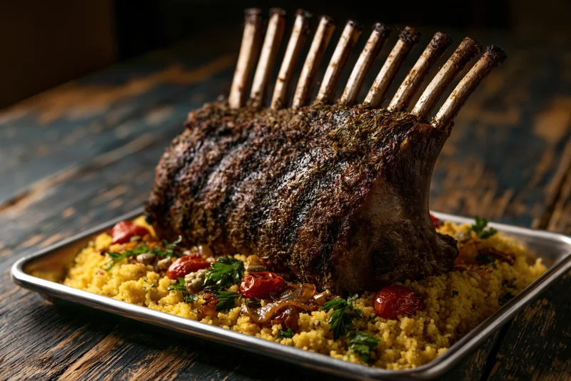 Roasted rack of lamb with frenched bones on a silver tray over couscous on a wooden table