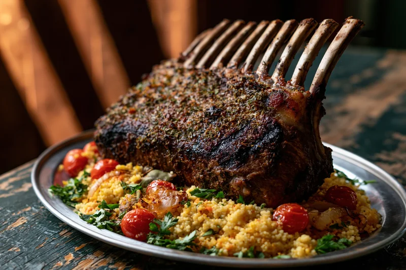 Roasted rack of lamb with herb crust and couscous on a silver platter on a wooden table