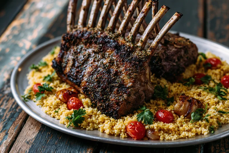 Grilled rack of lamb with frenched bones served on a silver plate over couscous with roasted tomatoes and parsley