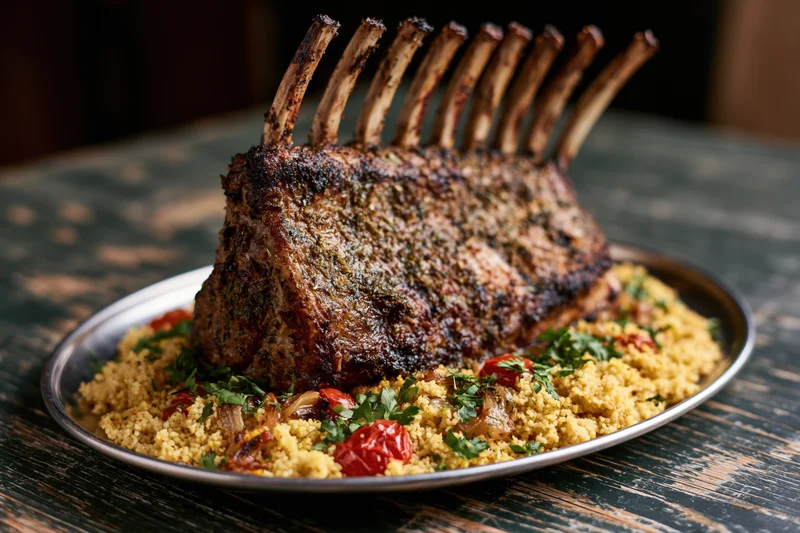 Roasted rack of lamb with frenched bones standing upright on a silver plate served with couscous and herbs on a wooden table
