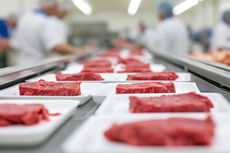 Raw beef slices on white foam trays moving along a conveyor in a meat processing factory