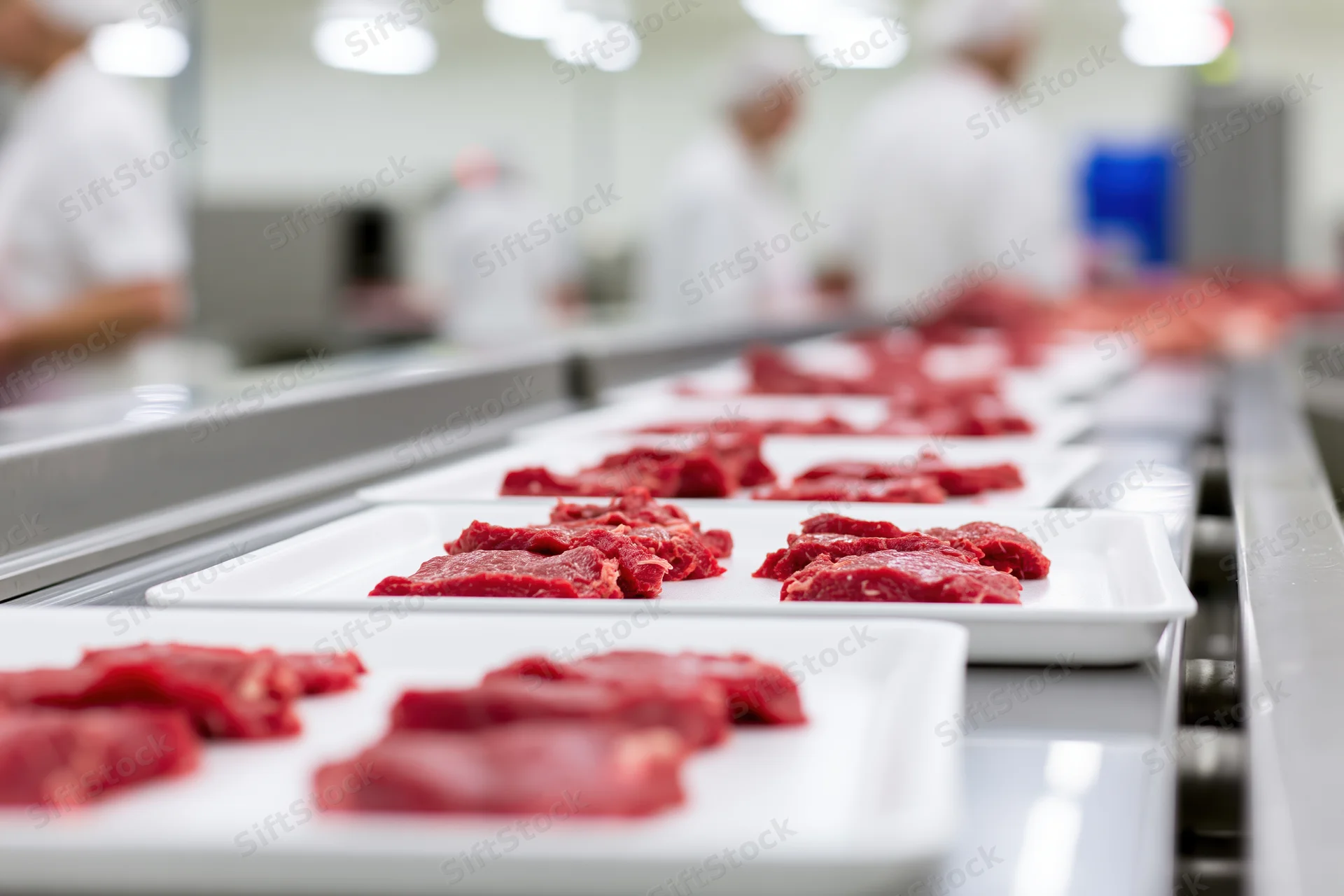 Raw beef slices on white foam trays moving along a conveyor in a meat processing plant