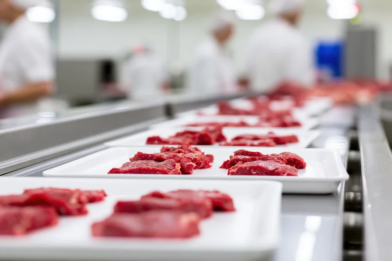 Raw beef slices on white foam trays moving along a conveyor in a meat processing plant