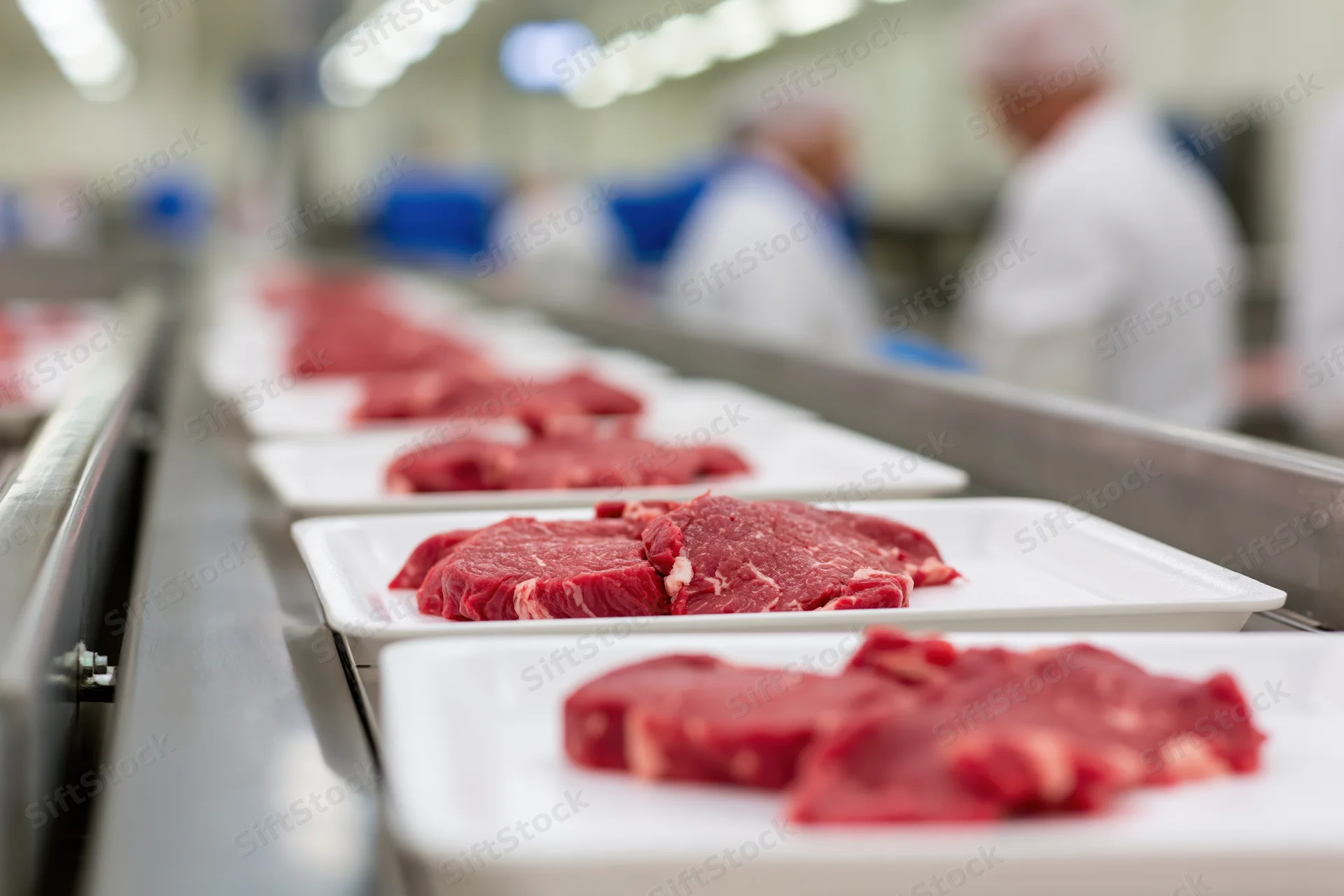 Raw beef slices on white foam trays moving along a conveyor line in a meat processing plant