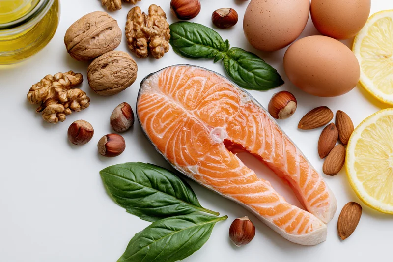 Raw salmon steak surrounded by fresh basil leaves, walnuts, hazelnuts, almonds, eggs, lemon, and oil on white surface