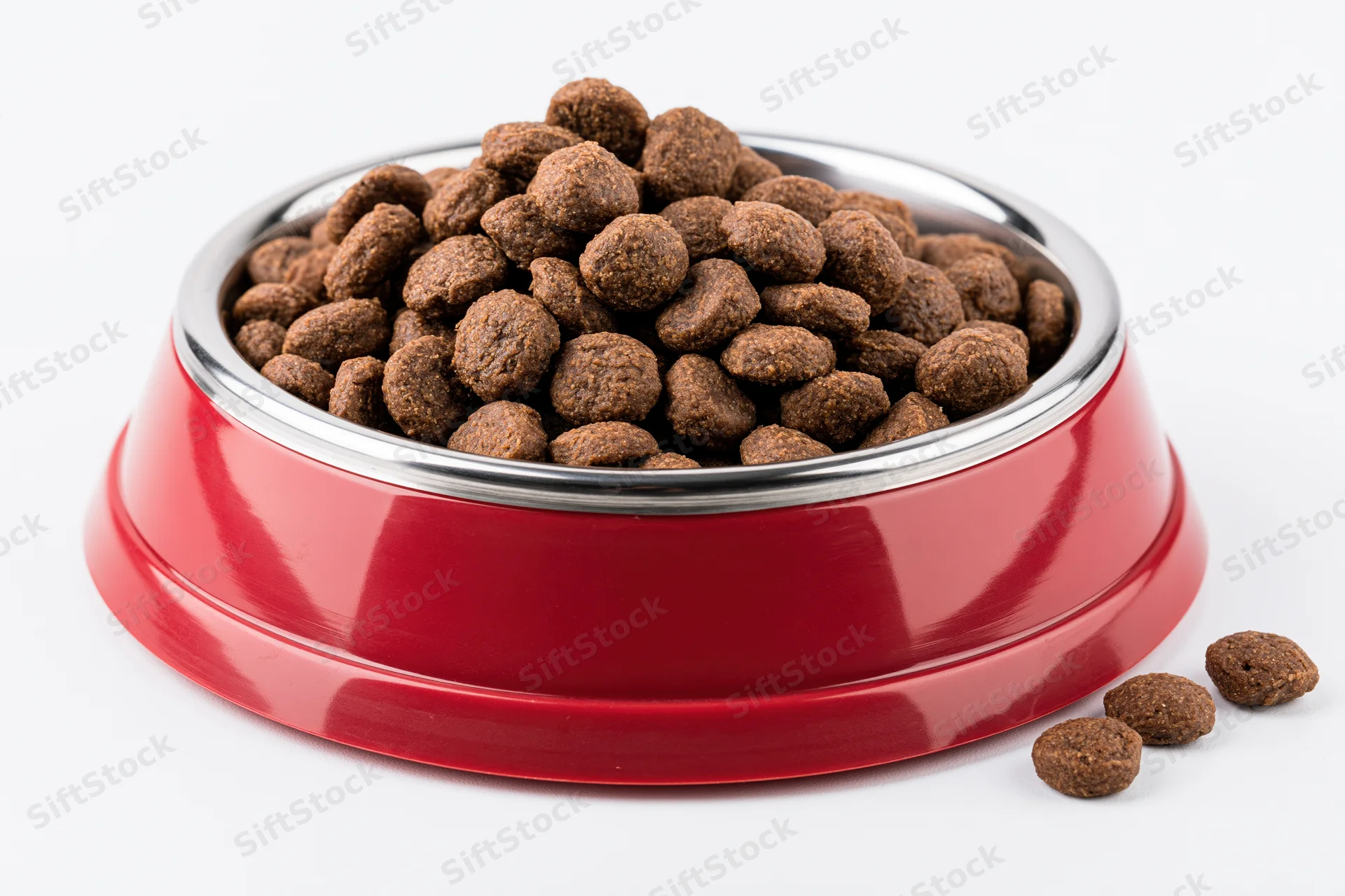 Red and silver pet food bowl filled with dry kibble on white background