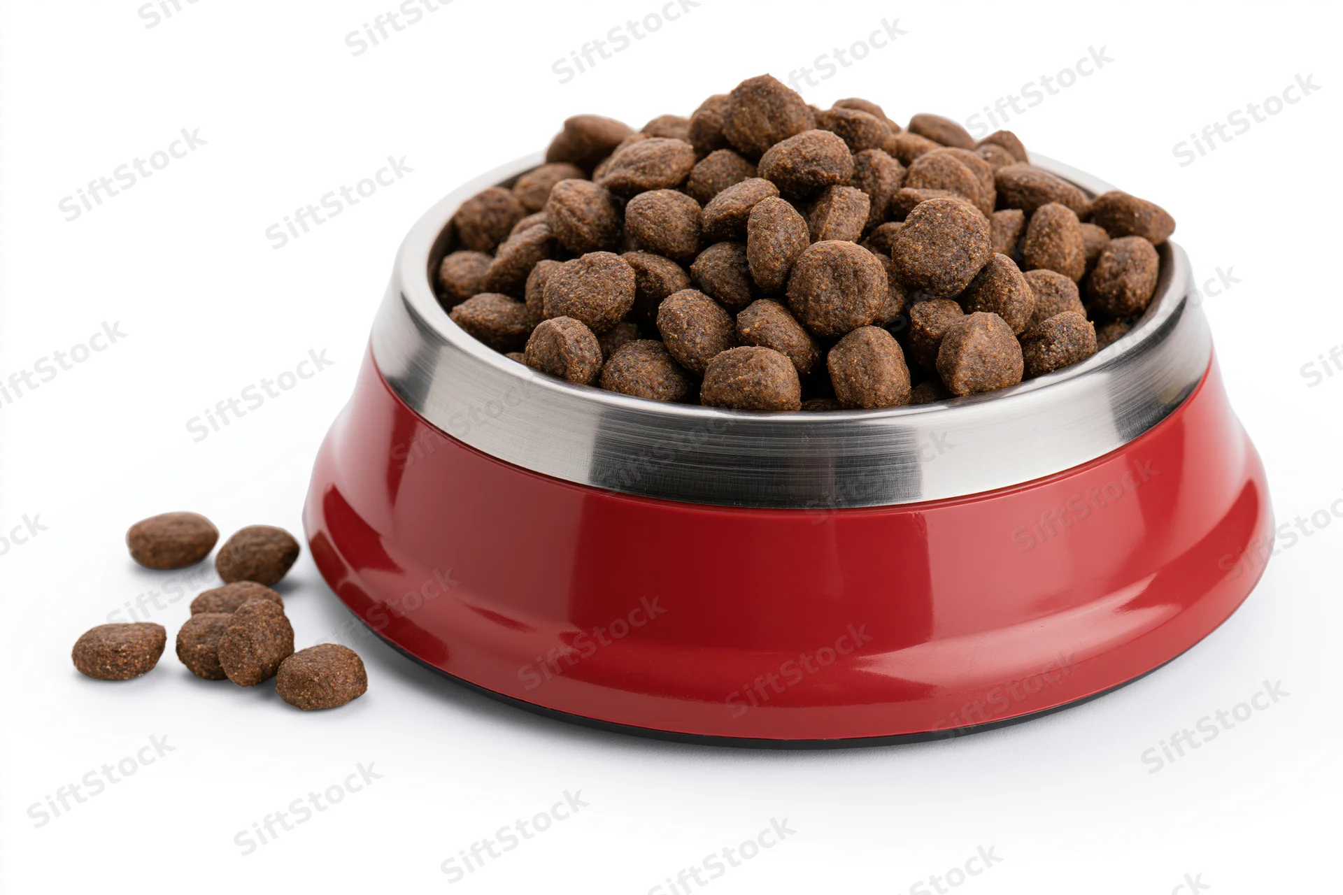 Red and silver pet food bowl filled with dry kibble on white background