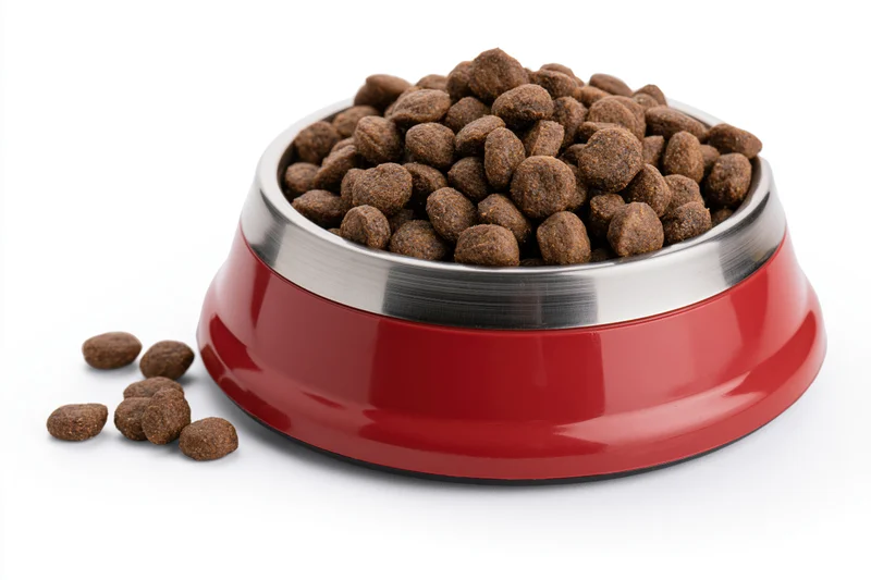 Red and silver pet food bowl filled with dry kibble on white background