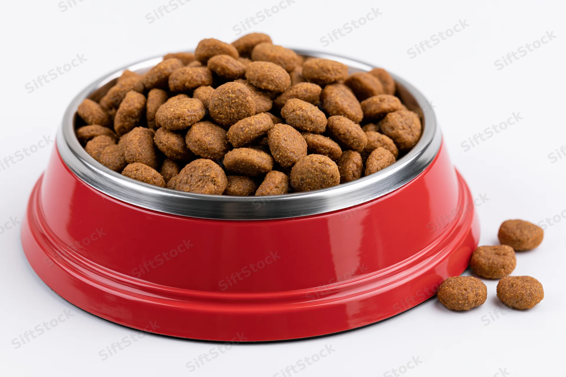 Red and silver pet food bowl filled with dry kibble on white background