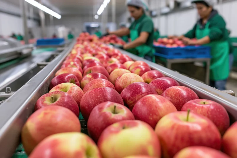 Red and yellow apples moving along a metal conveyor belt in a food processing factory with workers sorting them in the background